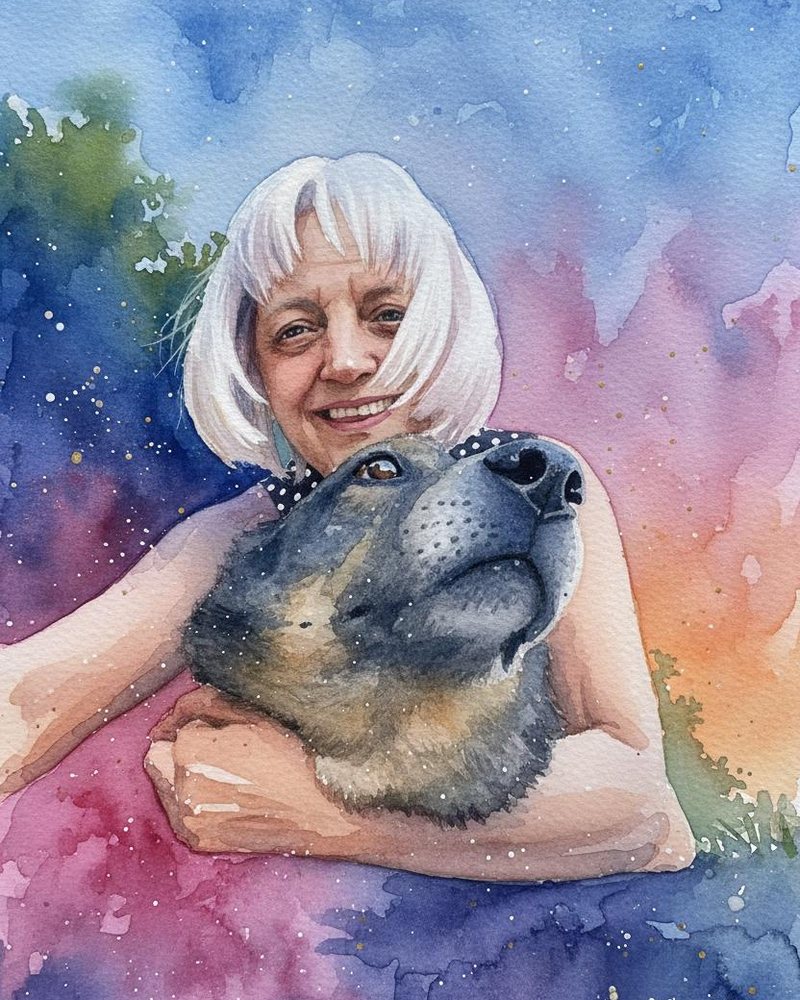 Aquarell-Porträt von MichaEla Pichler mit ihrem Hund